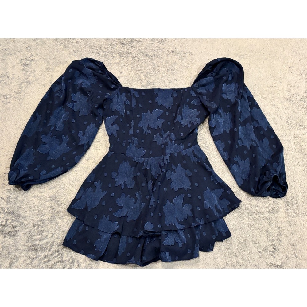 MiAmi Francescas Dress Womens Medium Blue Long Puff Sleeve Floral Goth Fairy